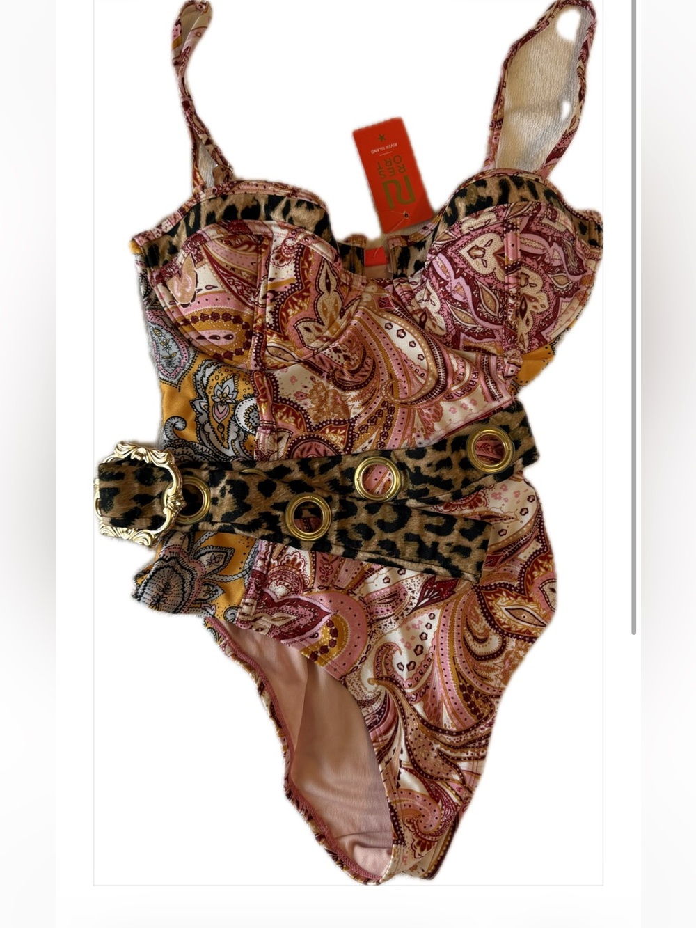 Paisley One-Piece Swimsuit with Leopard Belt - Pink & Gold UK size 10 =US size 6